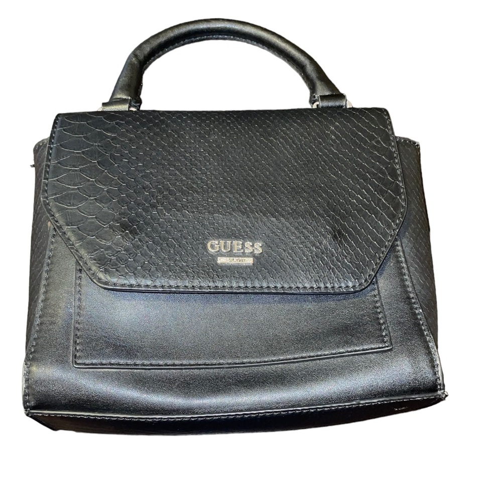 GUESS Black Faux Leather Top Handle Bag | Snakeskin Texture | 9x9x3